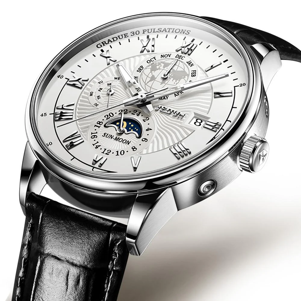 Men's Luminous Sun-Moon Phase Leather Watch